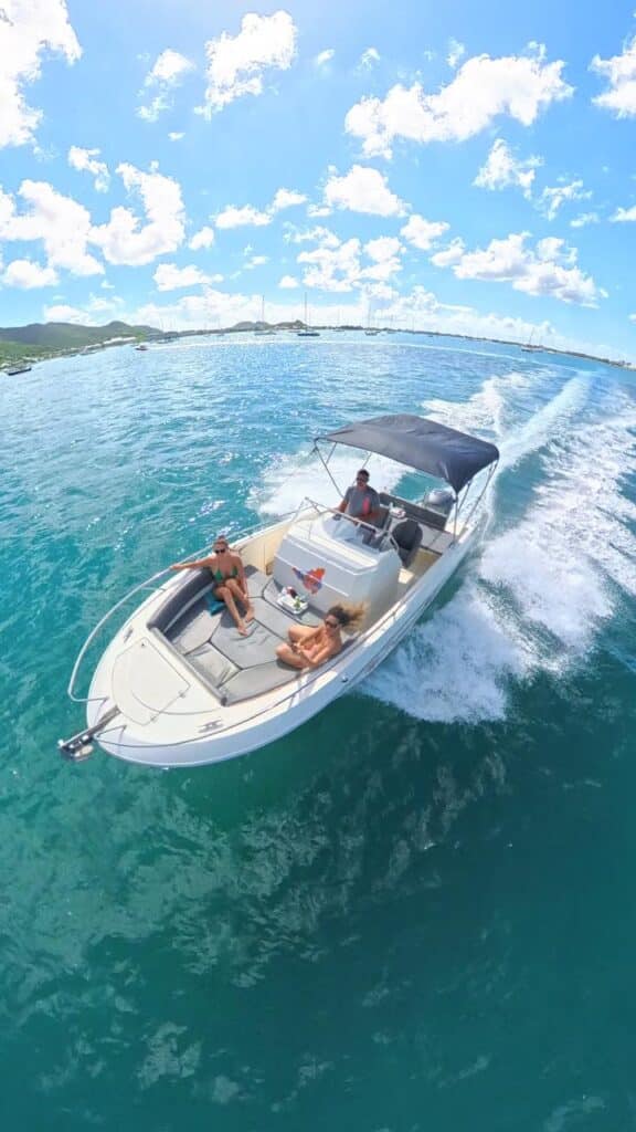 Drone view of a Pacific Craft boat in the waters of Saint Martin