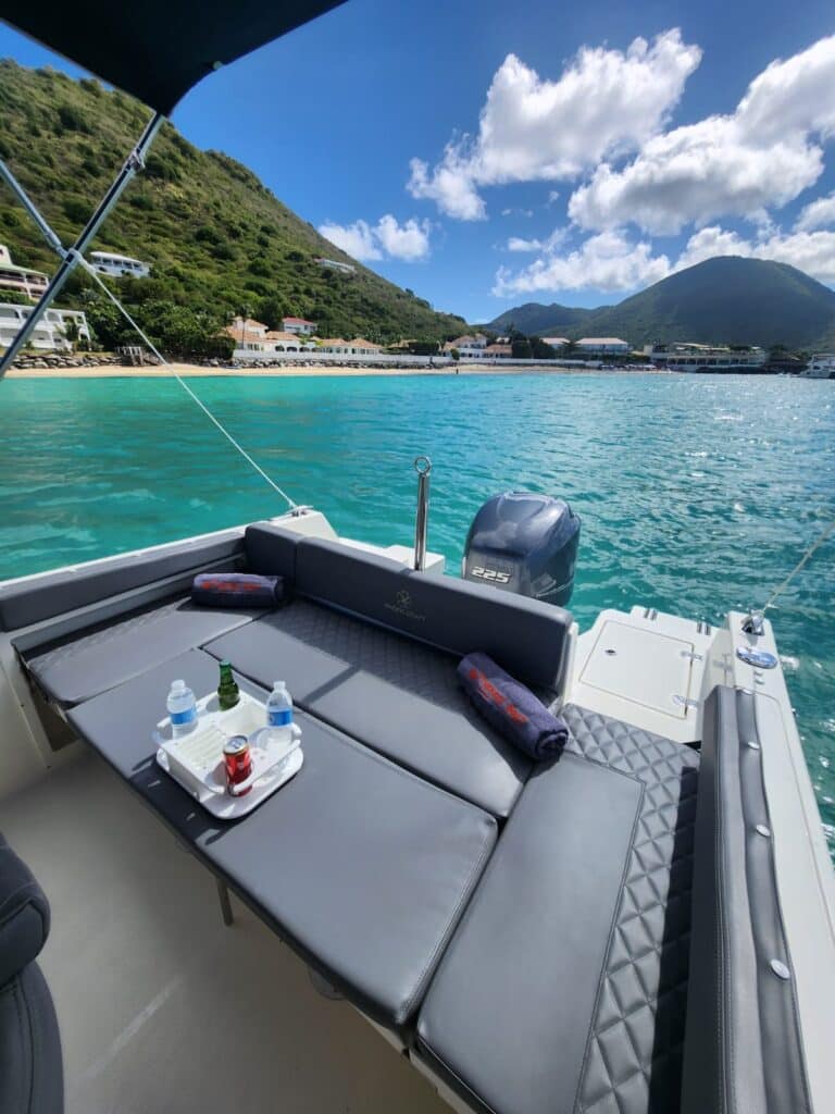Sub-style seating on a 25-foot Pacific Craft boat in Saint Martin.